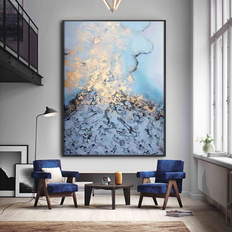 轻奢手绘油画客厅巨幅装饰画蓝色金箔抽象画现代玄关大尺寸横幅画