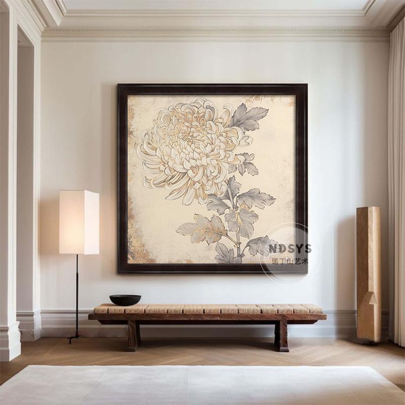 复古花卉客厅装饰画中古风菊花牡丹手绘油画卧室玄关餐厅肌理挂画图片