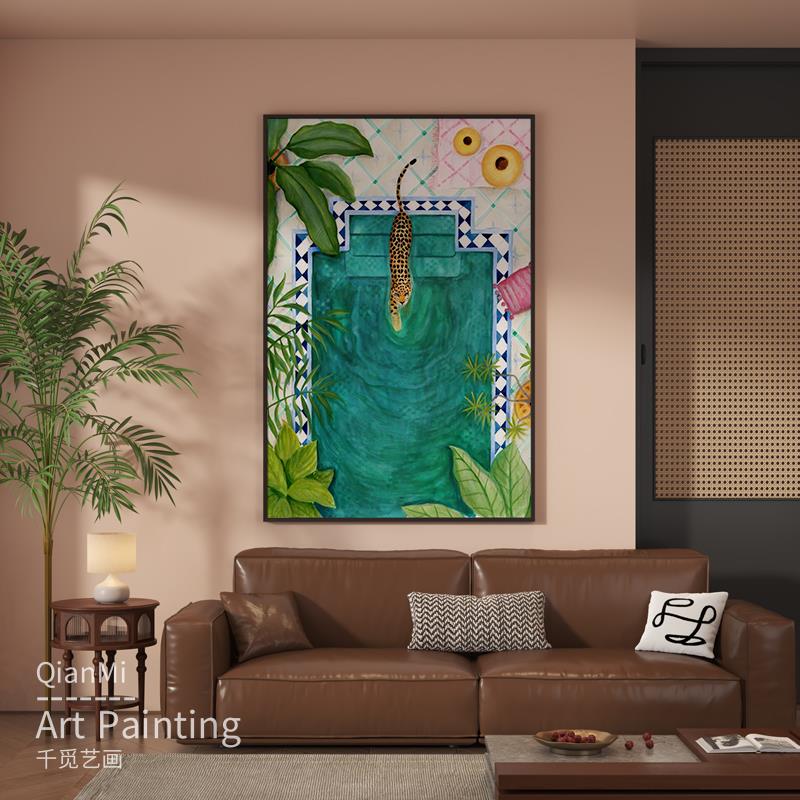 绿色植物豹子客厅沙发背景墙挂画轻奢入户玄关装饰画大幅高档壁画