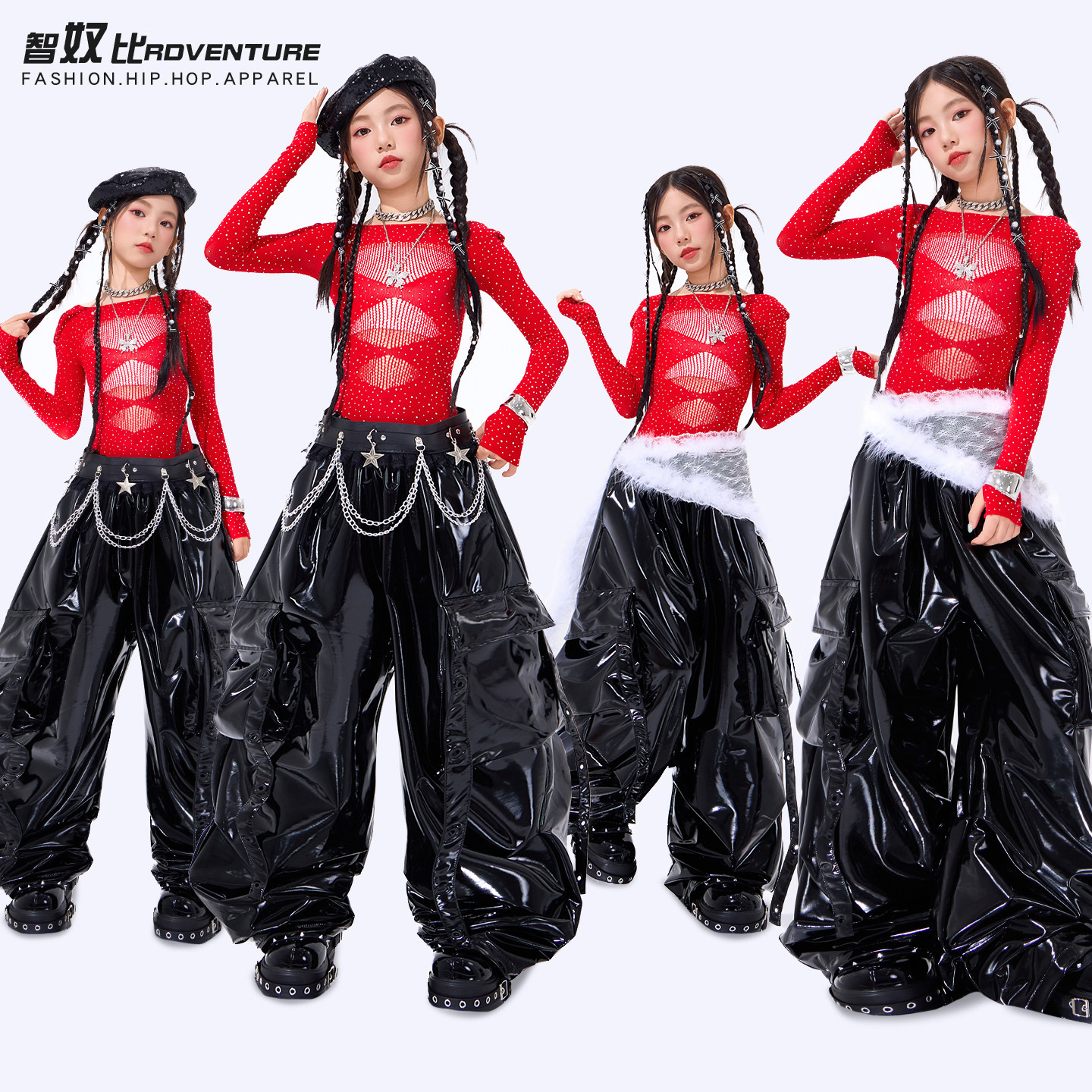 女童爵士舞服装女团jazz套装红