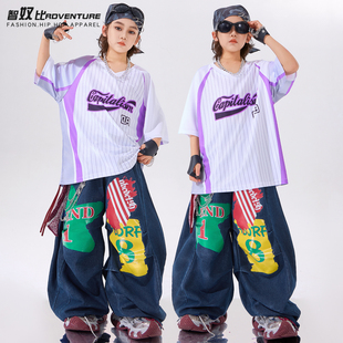 少儿hiphop街舞服装潮酷男童白色宽松短袖套装夏季爵士舞演出服潮
