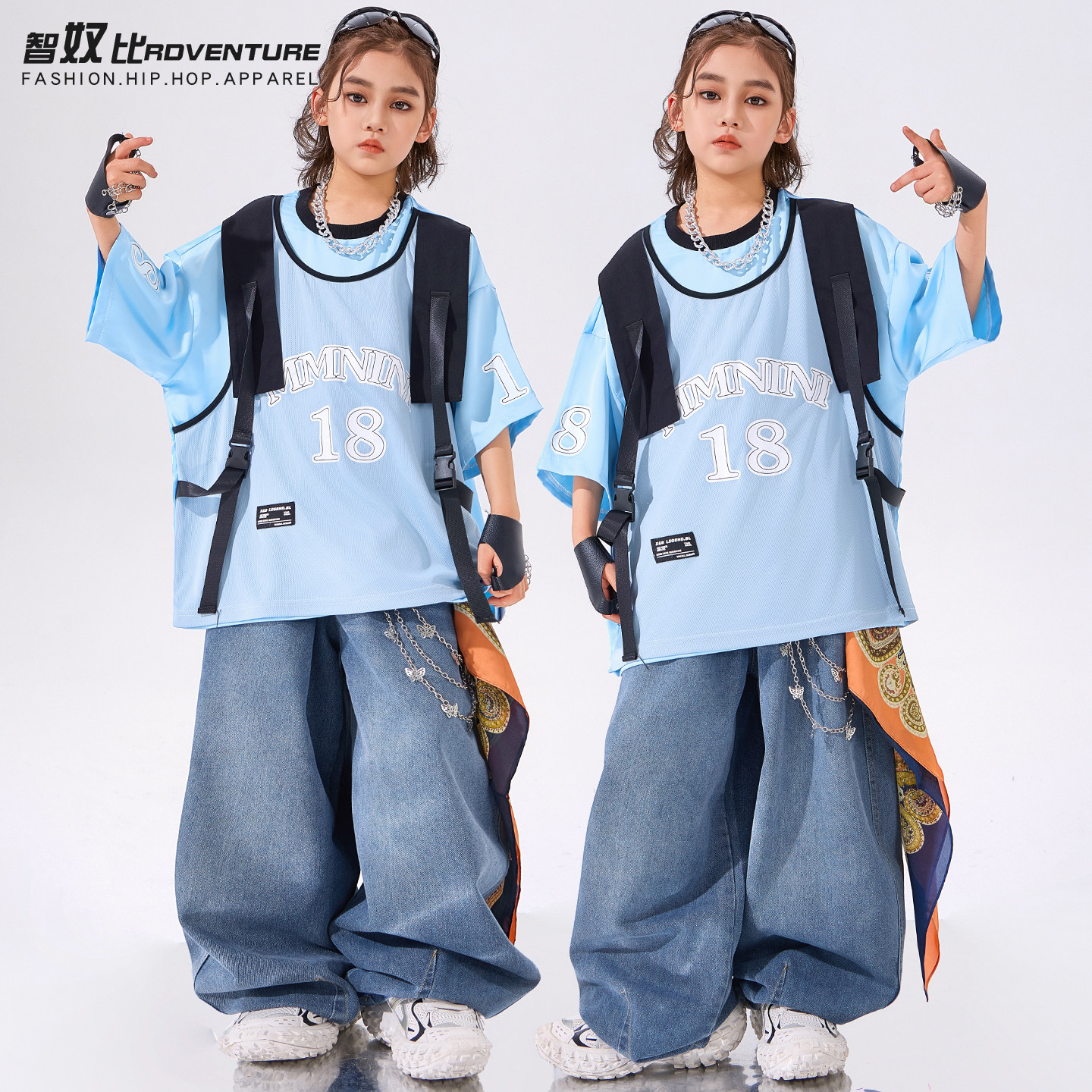 少儿hiphop街舞儿童潮服嘻哈蓝色短袖男童套装架子鼓表演演出服