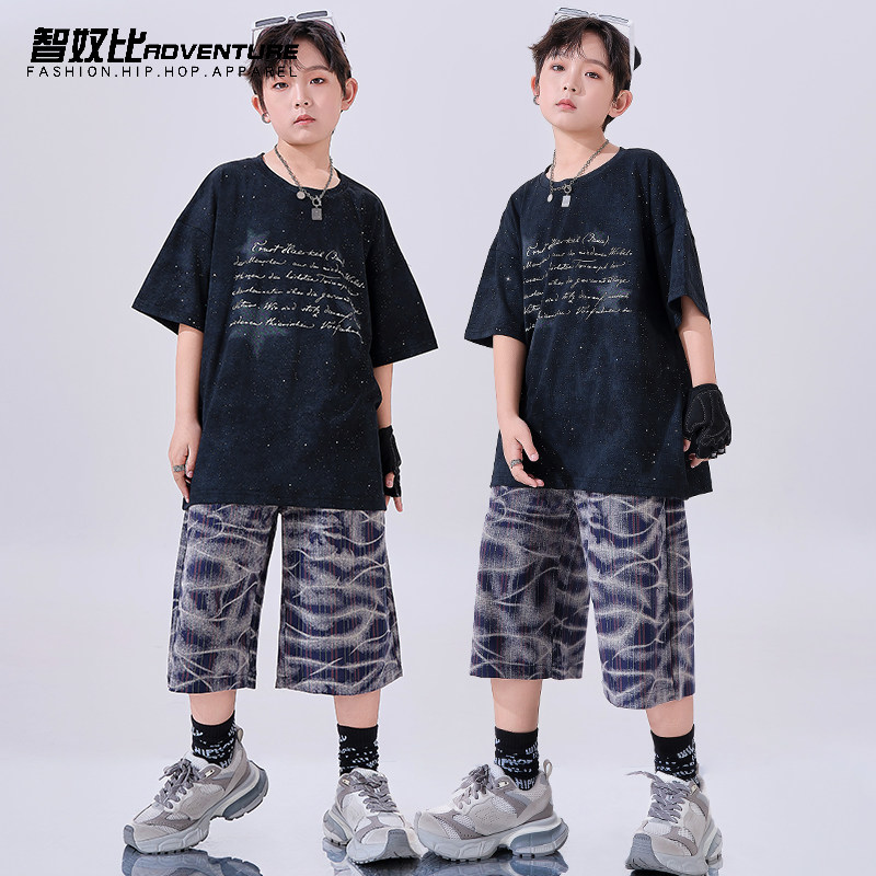 酷帅街舞儿童潮服hiphop童装黑色夏季六一架子鼓演出服嘻哈男童夏