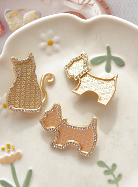 宋锦蓝染刺绣新中式底托螺钿点翠新款小狗雪纳瑞猫咪小猫发夹胸针