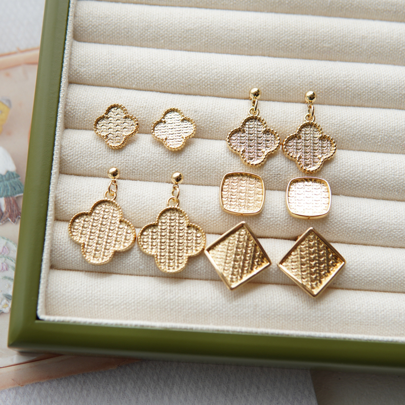 宋锦蓝染刺绣螺钿点翠贴皮新中式底托铜镀16k真金耳钉耳环耳坠