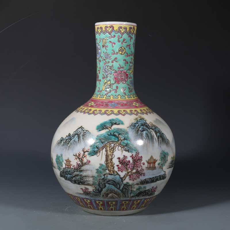 厂货五六七瓷厂粉彩山水亭楼纹天球瓶古董古玩收藏品保真包老瓷器