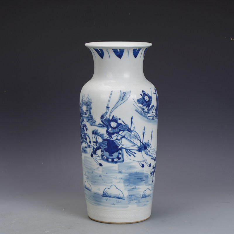 花瓶清康熙瓷器青花战将图帽筒瓶古董古玩明清老瓷器旧货收藏品