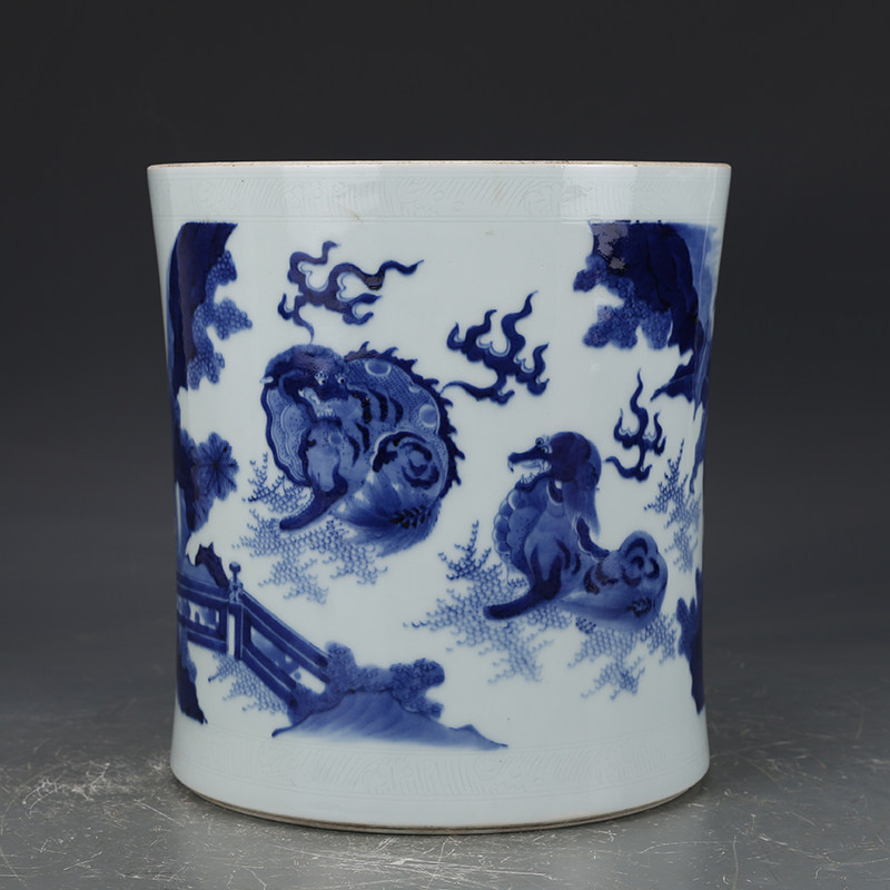 大明崇祯年制麒麟瑞兽笔筒 包老瓷器 旧货老货 古董古玩 收藏品