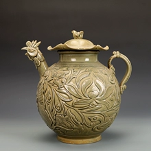 宋瓷收藏耀州窑雕刻花卉纹执壶茶壶古董古玩旧货老货收藏摆件