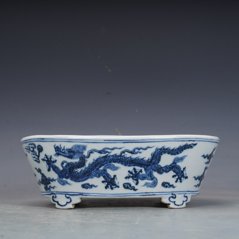 明宣德瓷器青花龙纹水仙盆花盆古董古玩明清老瓷器旧货老货收藏