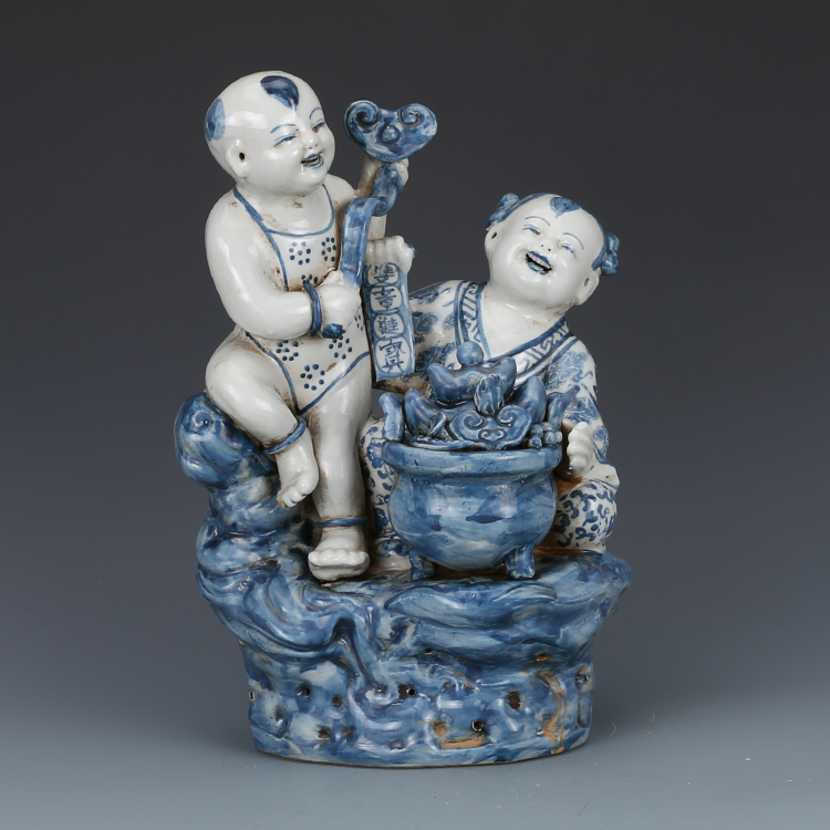民国青花孩童坐佛雕塑瓷仿古瓷器古董收藏品手工摆件