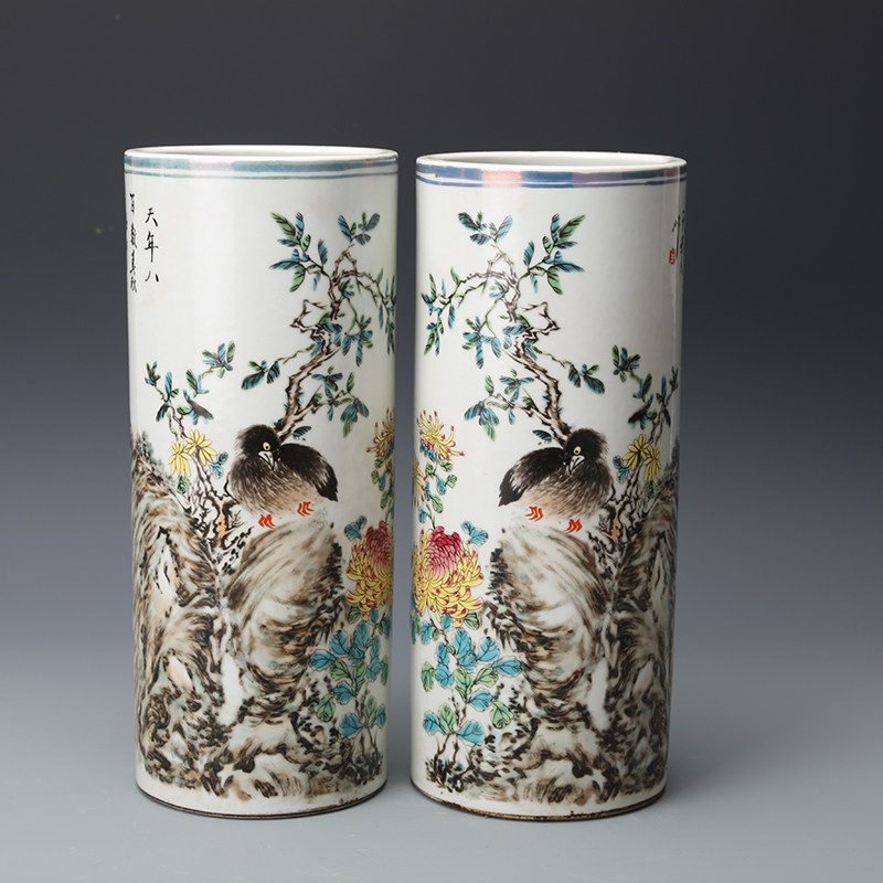 花瓶清光绪瓷器五彩花鸟纹直筒瓶一对古董古玩明清老瓷器旧货收藏