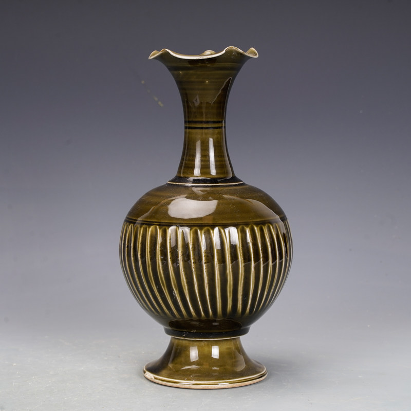 宋瓷收藏磁州窑酱色釉花口瓶古董古玩旧货老货花瓶摆件