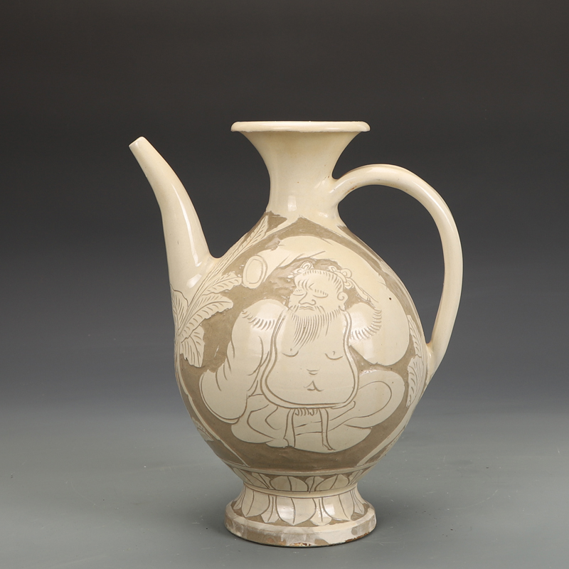 宋瓷收藏磁州窑雕刻人物故事执壶茶壶古董古玩旧货老货收藏摆件