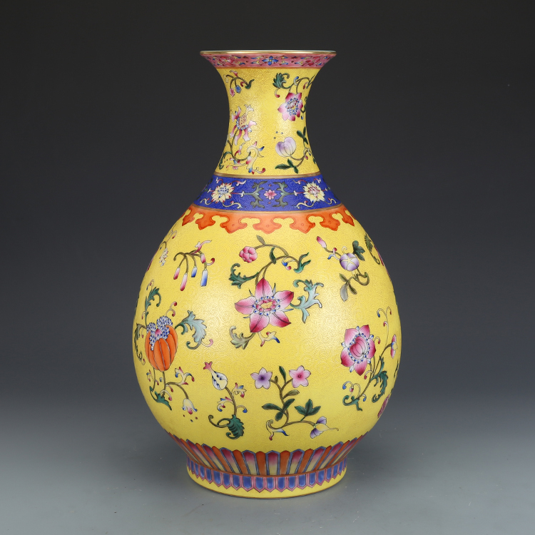 花瓶大清乾隆黄地粉彩花卉玉壶春瓶仿古瓷器古董古玩收藏品