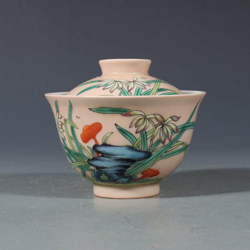 大清光绪粉彩林芝纹盖碗古董古玩收藏品包老保真老货瓷器摆件