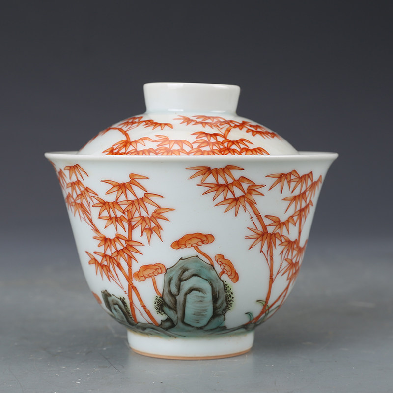 大清康熙矾红彩竹叶纹盖碗 景德镇仿古瓷器古董古玩老货收藏