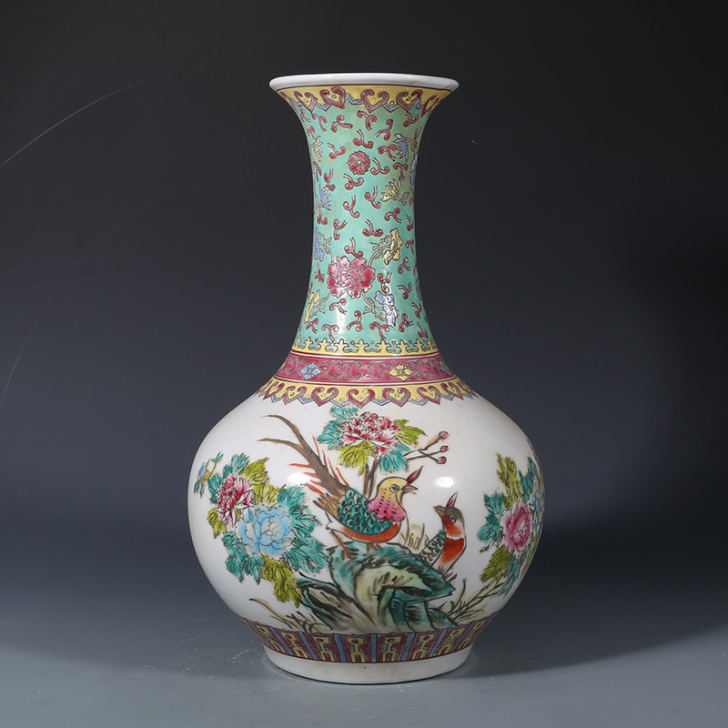 厂货五六七瓷厂粉彩折枝花鸟纹赏瓶古董古玩收藏品保真包老瓷器