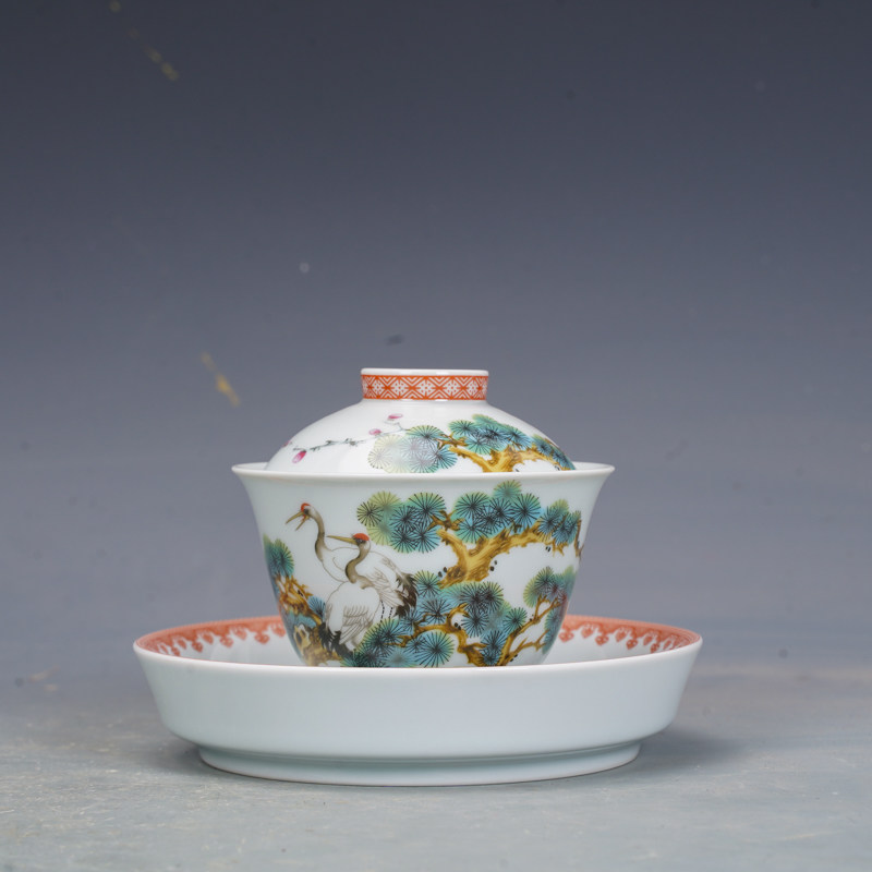 景德镇茶具粉彩仙鹤松梅纹茶碗盖碗盖杯仿古瓷器古董古玩收藏