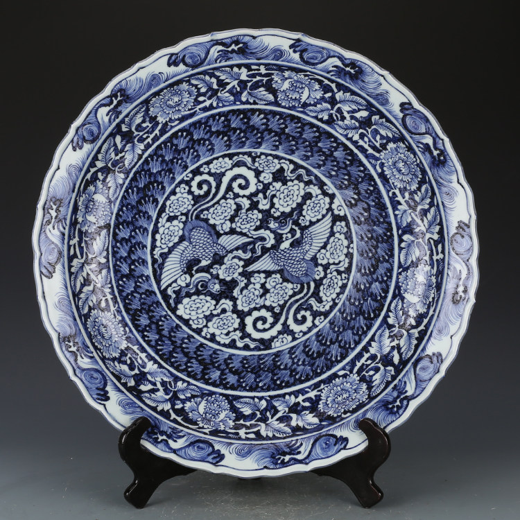 元青花双凤纹葵口大盘 仿古瓷器古董古玩收藏摆件