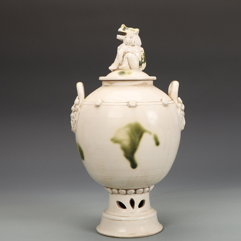 唐代邢窑白瓷绿斑盖罐古董古玩旧货老货收藏摆件