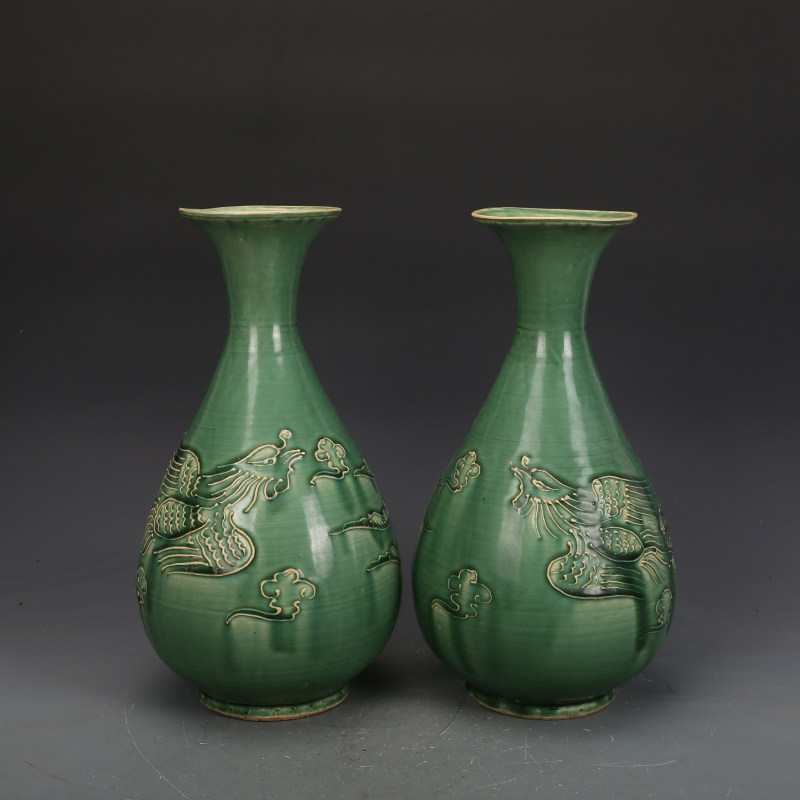 宋瓷收藏磁州窑绿釉凤纹玉壶春瓶古董古玩旧货老货收藏摆件