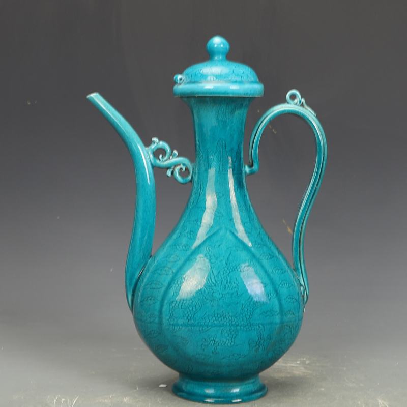 明宣德瓷器孔雀绿釉执壶茶壶古董古玩明清老瓷器旧货老货收藏摆件