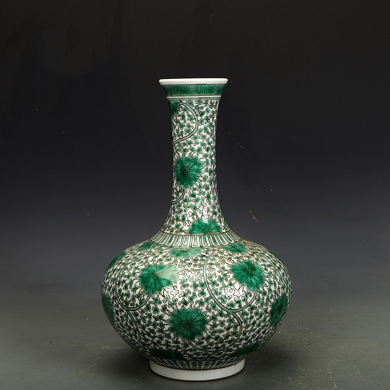 清光绪瓷器绿彩缠枝莲赏瓶包老瓷器古董古玩明清老瓷器旧货收藏