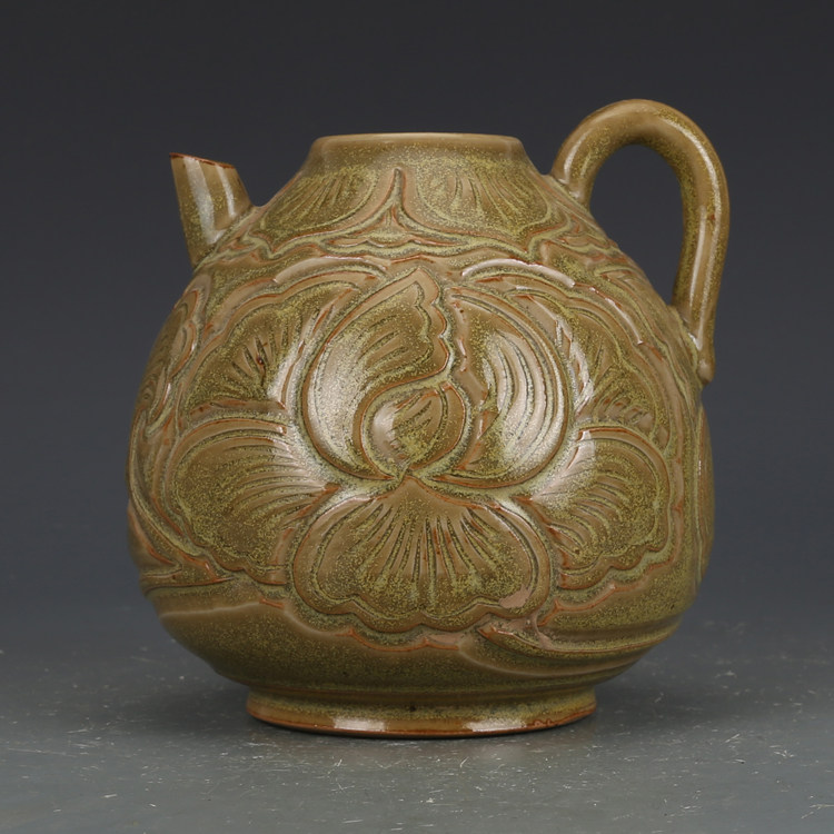 宋耀州窑青瓷牡丹执壶 古董古玩 老货旧货收藏品 全手工 宋瓷出土