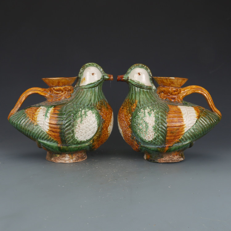 辽三彩剃花鸳鸯壶 仿古瓷器古董古玩收藏摆件