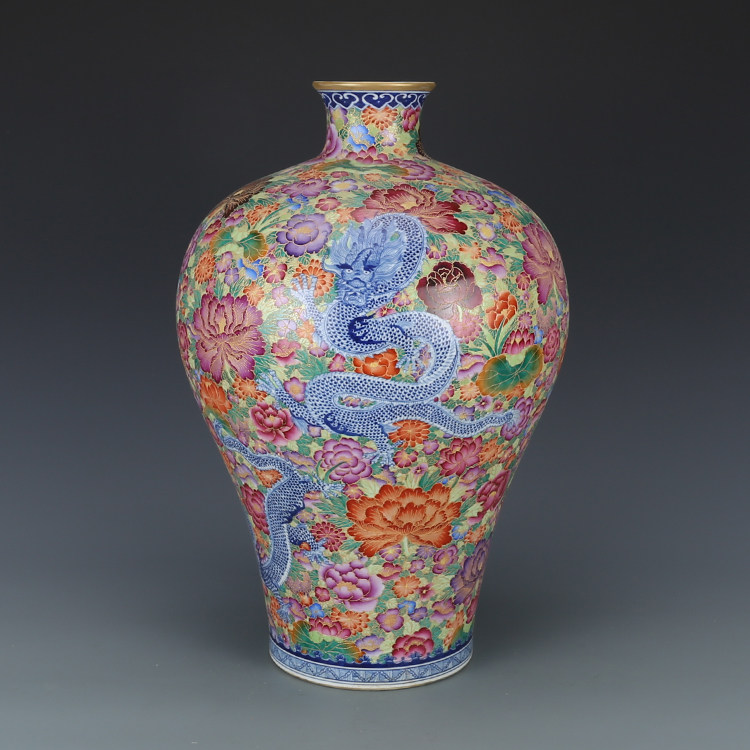 清乾隆锦地万花掐丝青花龙纹梅瓶 仿古瓷器古董古玩