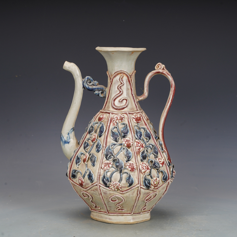 元枢府窑瓷器青花釉里红捏花执壶茶壶古董古玩包老瓷器旧货收藏品