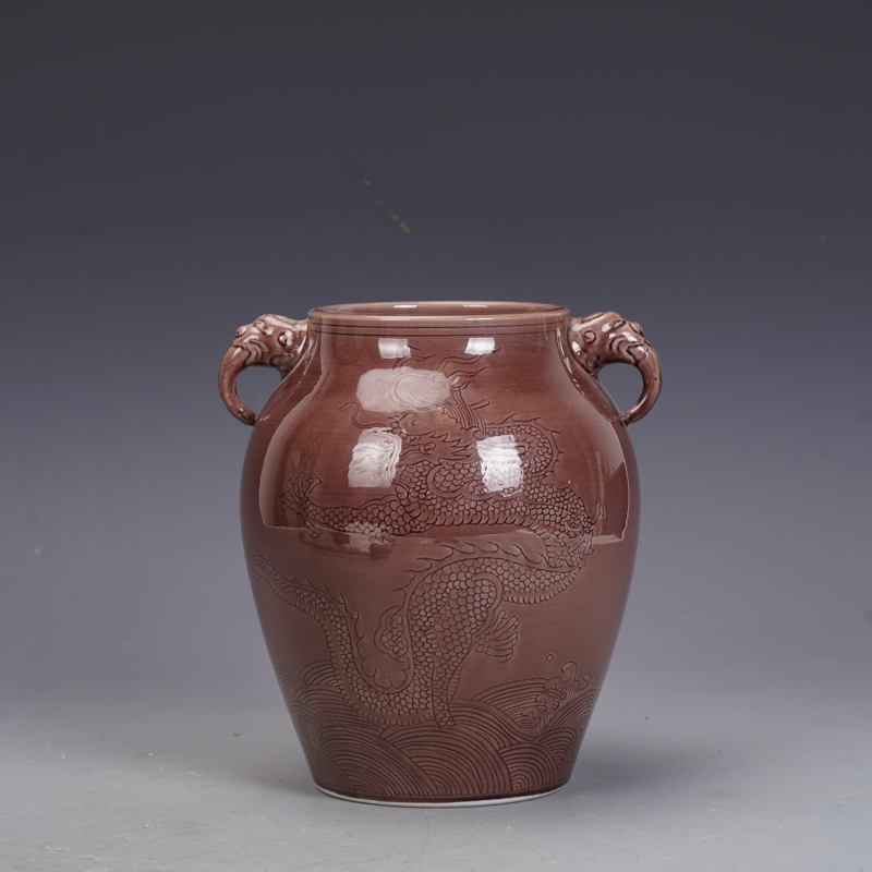 明弘治瓷器紫金釉雕刻龙纹双耳罐古董古玩明清老瓷器古董老物件