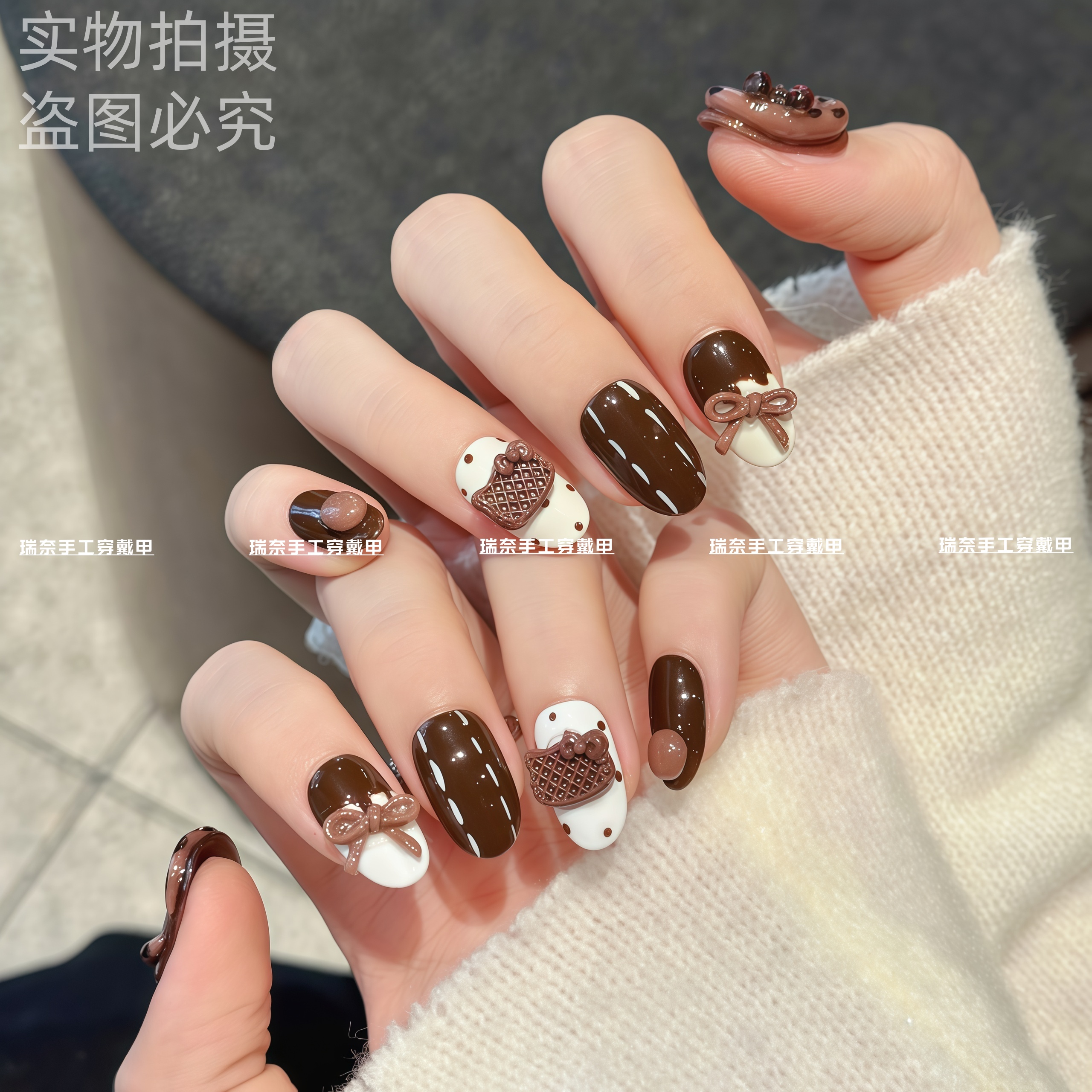 【帽兜猫咪】手工穿戴甲戴帽凯蒂立体可爱焦糖蝴蝶结美甲日常显白