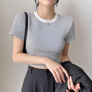 撞色黑白细条纹短款t恤女短袖夏季纯棉好看百搭显瘦高腰上衣体恤