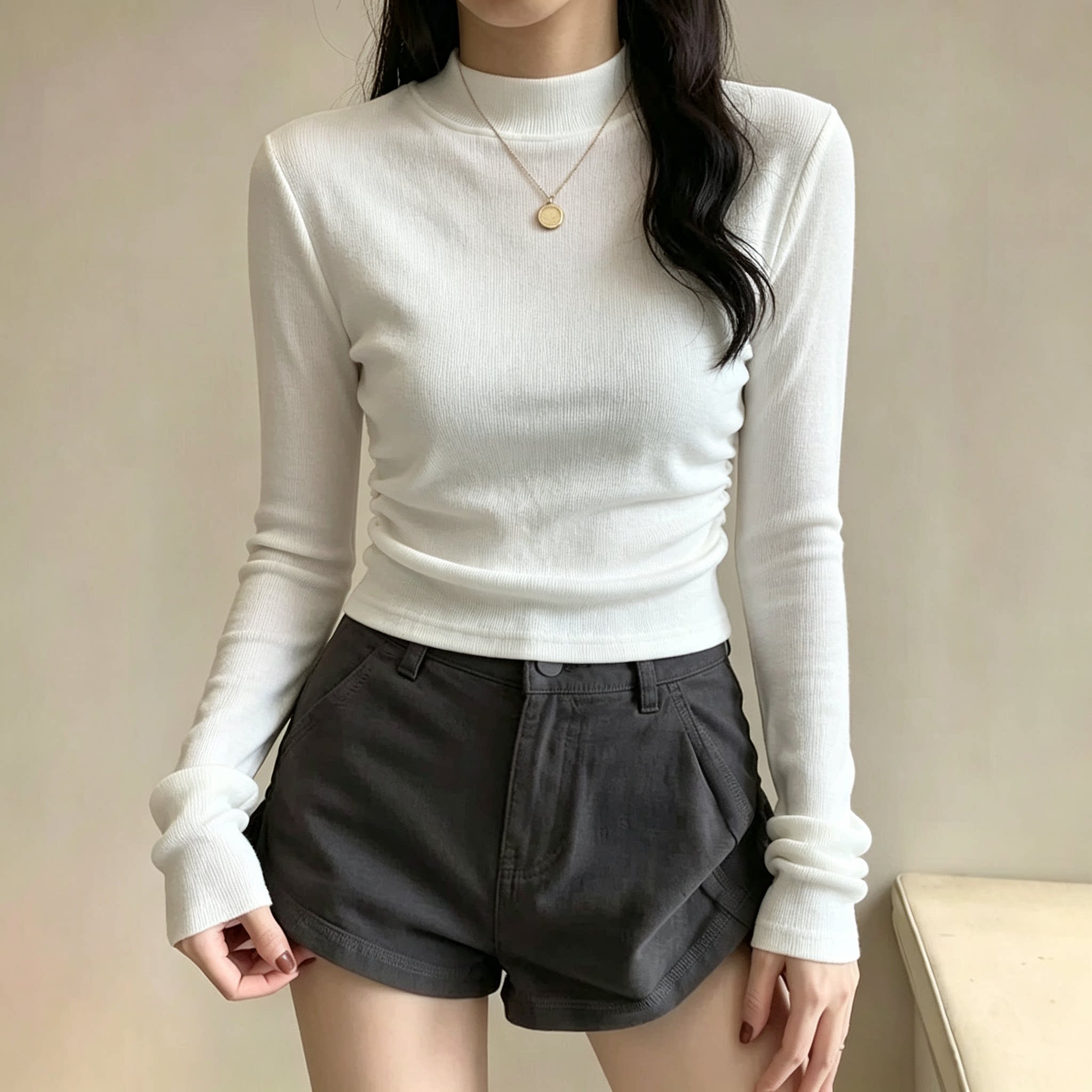 日式白色半高领显瘦长袖T恤女