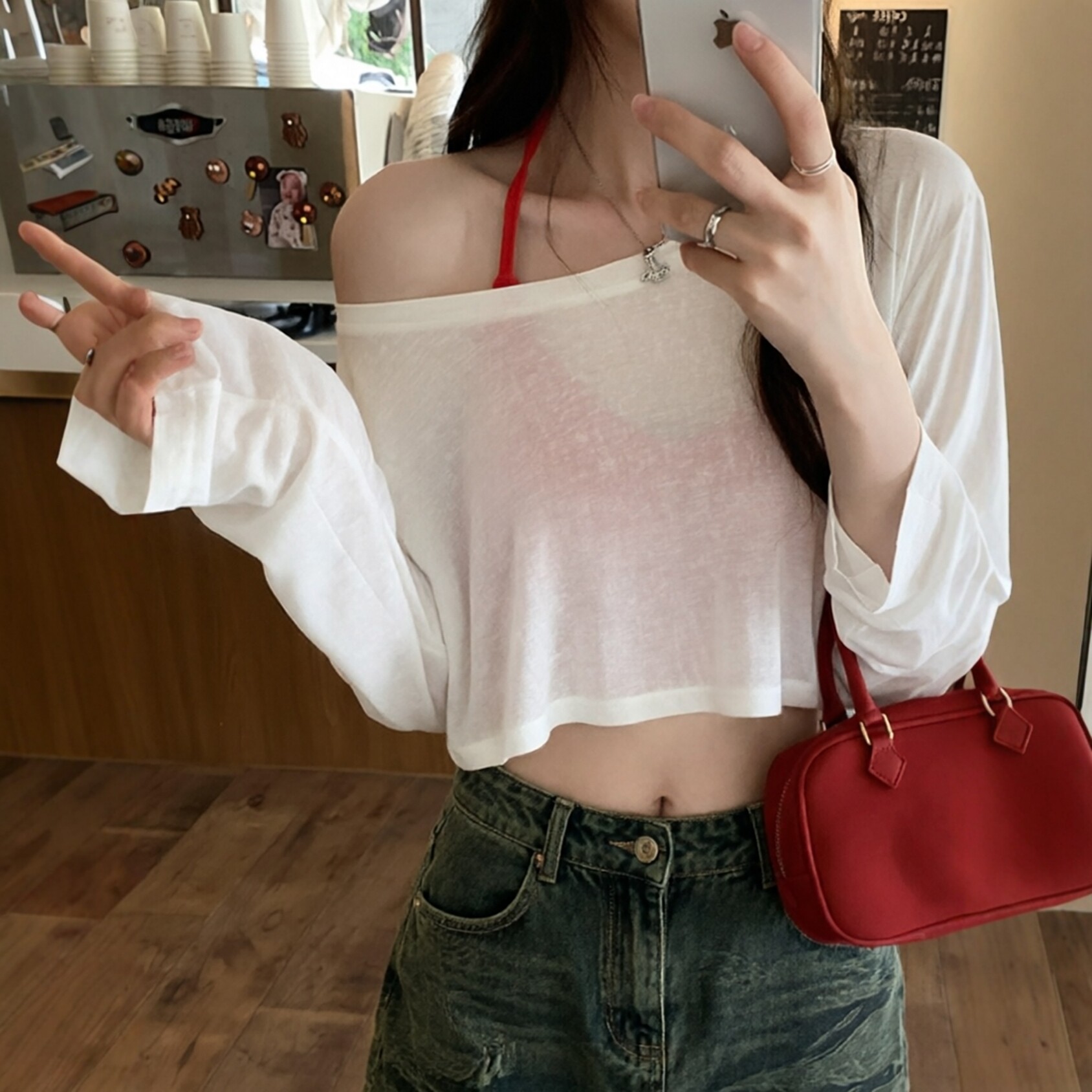 可拉斜肩一字领超短款微透外穿t恤女舞蹈上衣夏外搭纯欲长袖罩衫
