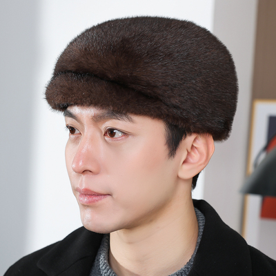 仿水貂帽子男秋冬季保暖貂绒中老年人皮草鸭舌帽貂皮护耳貂毛棉帽