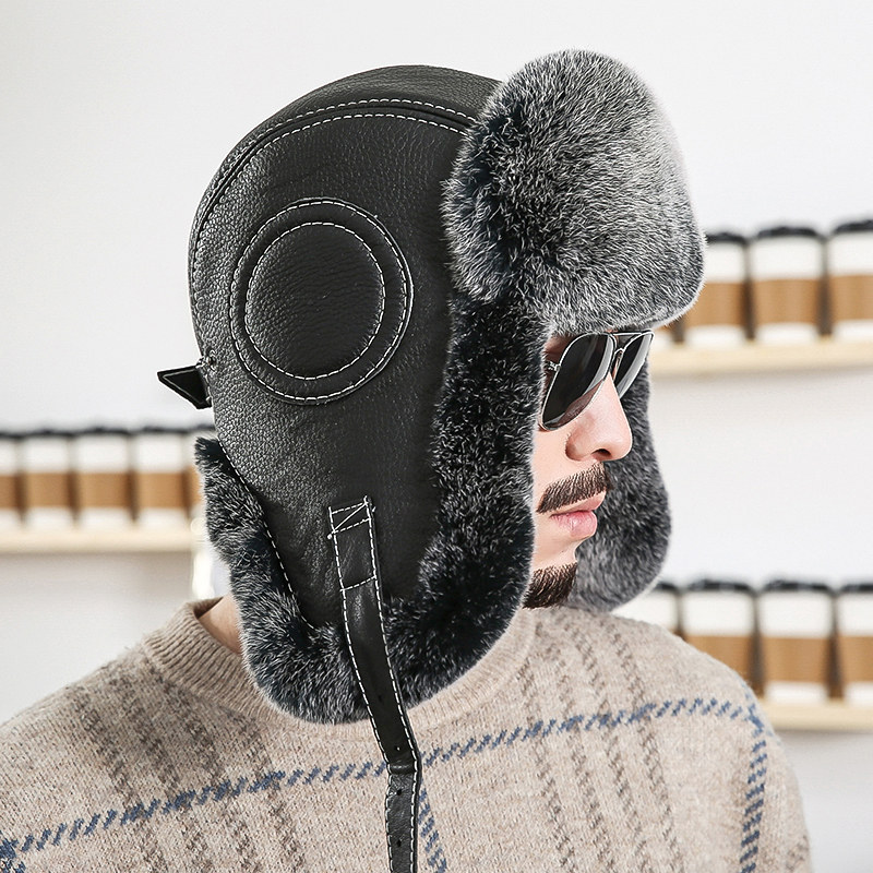 男士真皮獭兔毛配真皮绵羊皮雷锋帽冬季护耳保暖裘皮帽防寒钓鱼帽