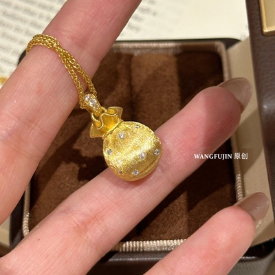 复古拉丝小福袋镶钻项链
