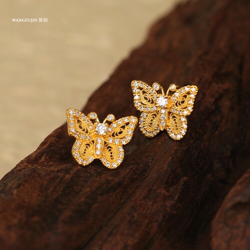 18K金花丝蝴蝶镶钻耳钉