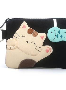 Kine猫 捉鱼猫卡通可爱布艺妈妈硬币零钱包卡包钥匙包随身小巧女