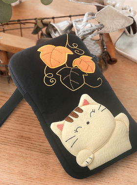 kine猫 枫叶猫手机包卡通可爱女布艺手工拼布日系手拎手腕小包包