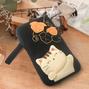 kine猫 枫叶猫手机包卡通可爱女布艺手工拼布日系手拎手腕小包包