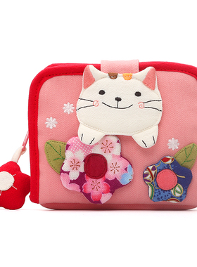 日本插画KINE猫 可爱花朵猫棉布帆布艺女零钱包日本财布短款钱包