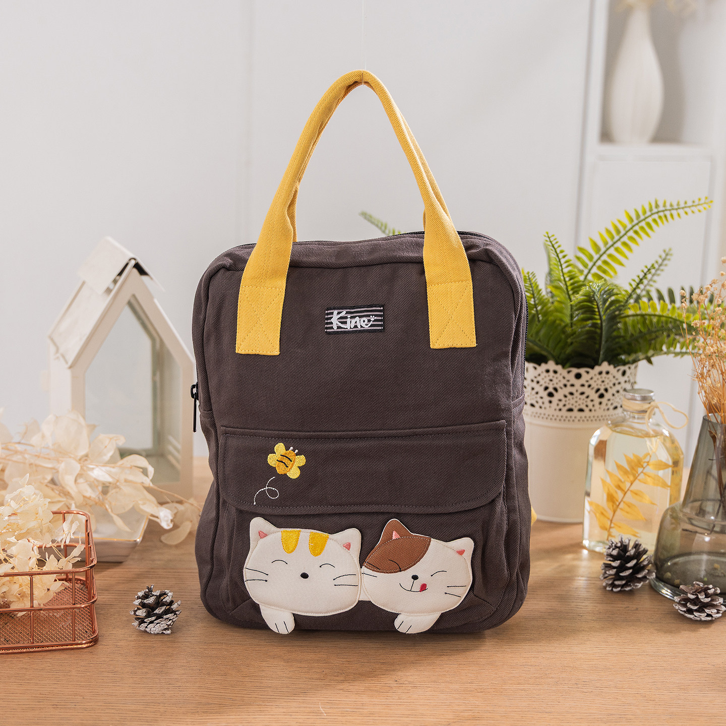 越南进口 Kinecat 可爱游戏猫布艺休闲手提双肩背包学院风女士包