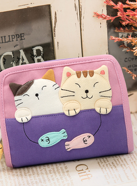 特价KINECAT 可爱戏鱼猫棉布手工拼布卡通女士短款钱包 日本财布