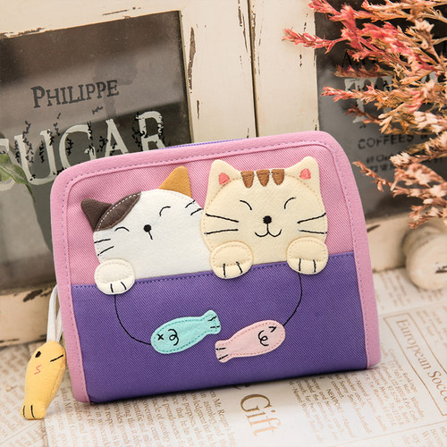 kinecat可爱戏鱼猫女士短款钱包