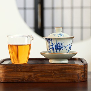 复古汝窑三才盖碗茶杯功夫茶具陶瓷开片喝茶碗不烫手家用泡茶套装