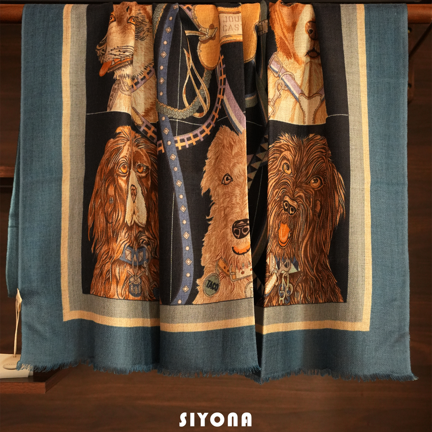 SIYONA复古轻奢动物印花羊绒方巾女蓝色流苏边百搭小方巾围巾披肩